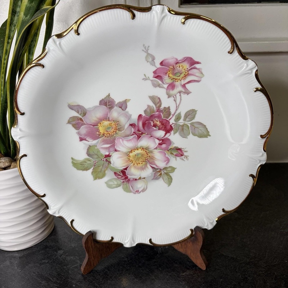 Vtg Schumann Arzberg Wild Rose Porcelain Plate Floral Gold Trim Scalloped EUC